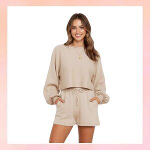 Ribbed Knit Lounge Set (Sweater & Shorts) -Beige Small
